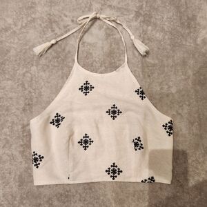 House of Harlow 1960 Cream and Black Embroidered Halter Crop Top